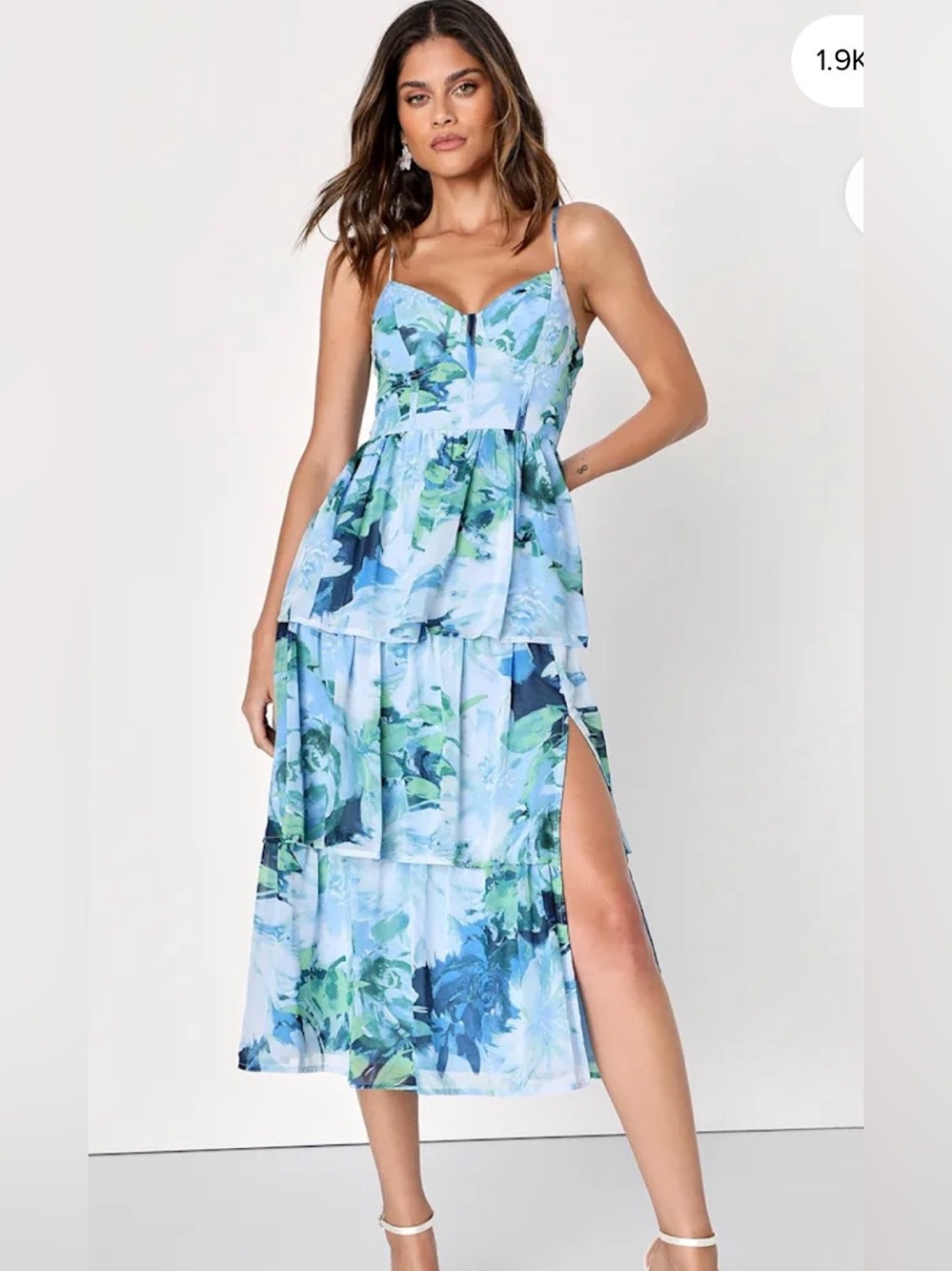 Light Blue Floral Tiered Maxi Dress with Side Slit